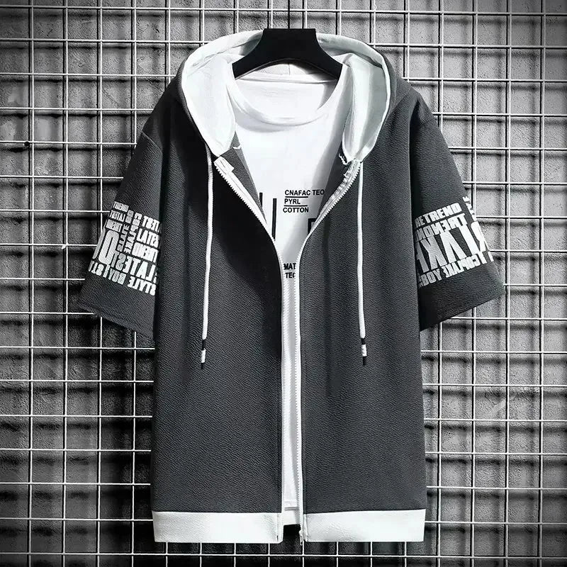 Fashion Men's Hoodies Summer Men Clothing T-shirt Zipper Hood Cartoon Casual T Shirt Print Hooded Top Short Sleeve Men - Clikcy
