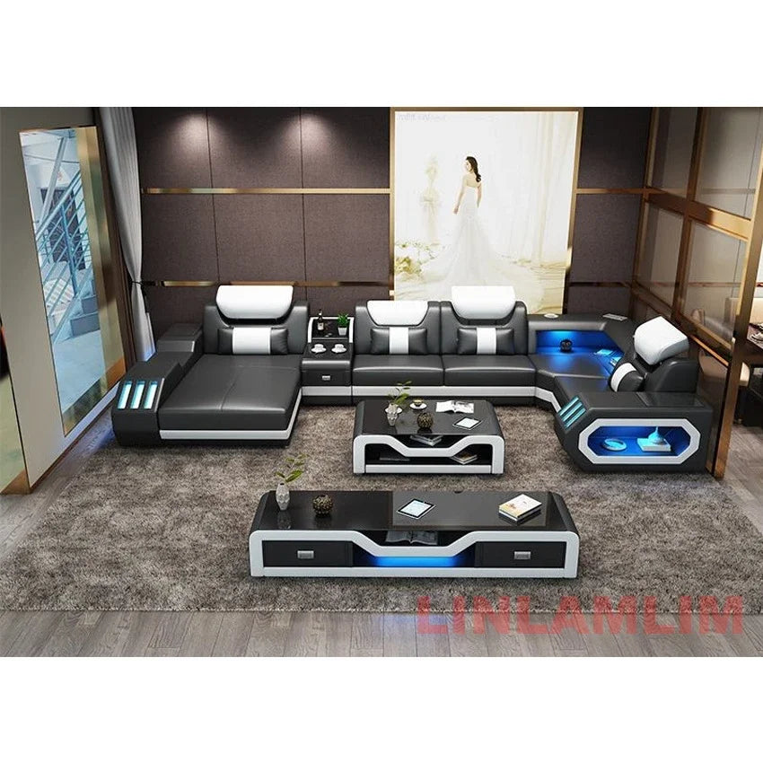 Modern LED Lighted Sofa Set with Recliner, Adjustable Headrest & Console | Luxury Leather Sectional Couch | Futuristic Furniture - Clikcy