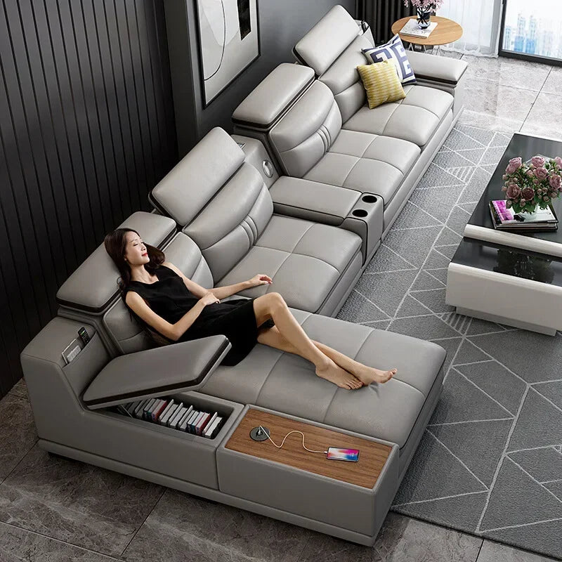 Luxury Wooden Sofa Set Design Modern Living Room Straight L Shaped Smart Sofa Bed With Storage - Clikcy