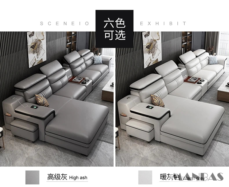 MINGDIBAO Leather Sectional Sofa Set with Cup Holder, USB, Adjustable Headrests & Bluetooth Speaker Living Room Couch with Stool