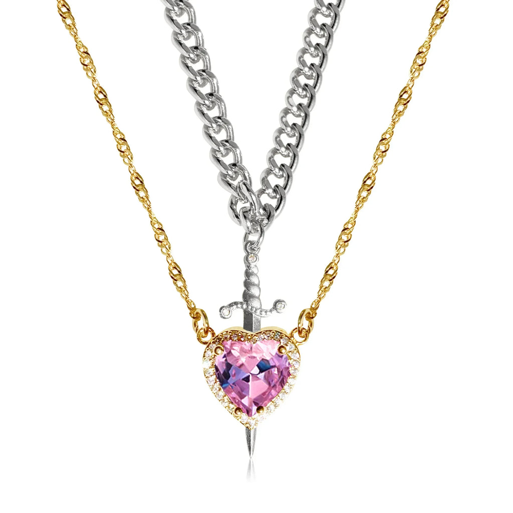LATS 2pcs Can Be Assembled Heart and Sword Zircon Pendant Necklace for Women Men Couple Silver Gold Plated Choker Chain Jewelry - Clikcy