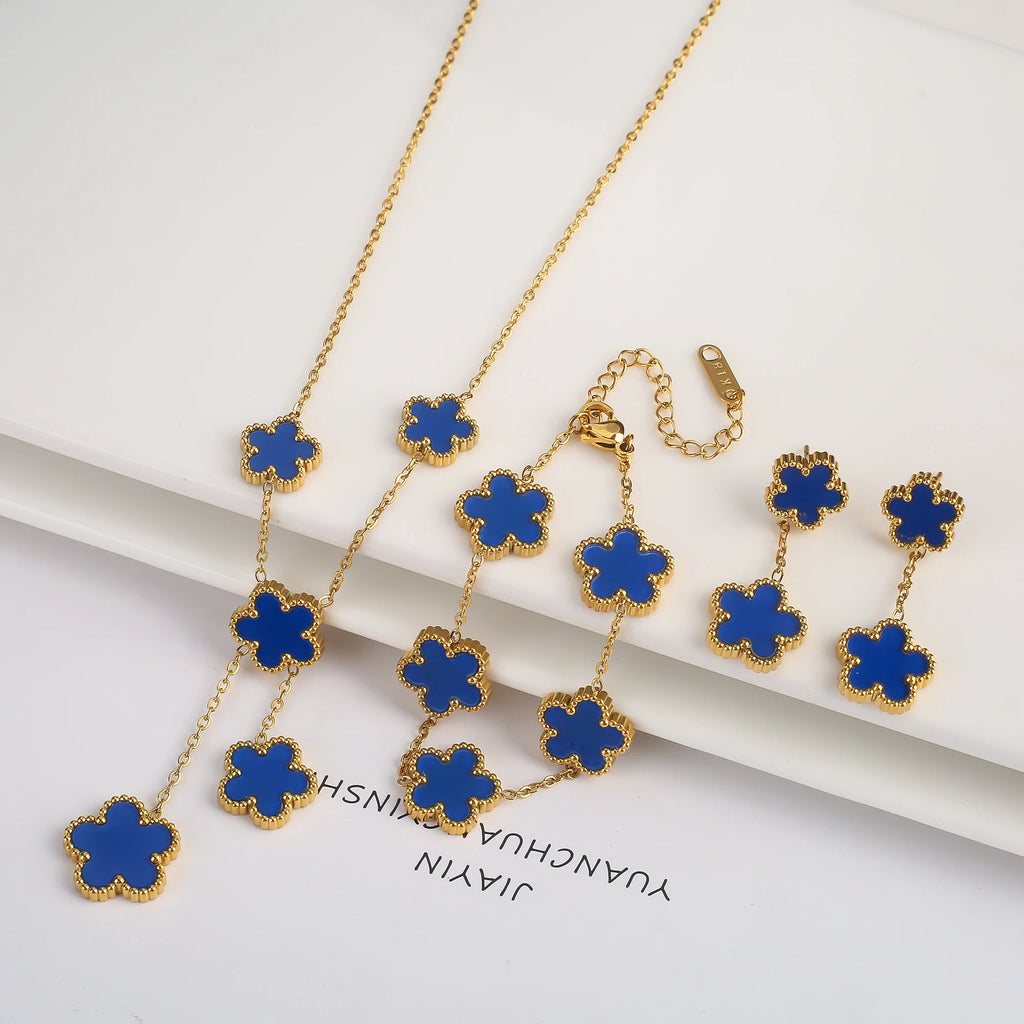 3Pcs 18k Gold-Plated Five-Leaf Flower Necklace Earrings Bracelet Jewelry Set For Woman Fashion Party Jewelry Daily Wear Clover - Clikcy