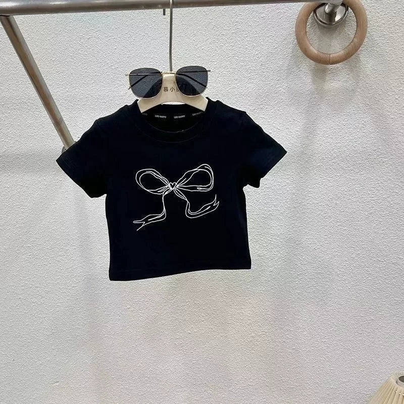 Summer Childrens Girls Clothing Sets Printed Bow Short Sleeve Top Jeans Suit Kids Girls 2pcs Sets 2-8 Years Girls Outfits - Clikcy