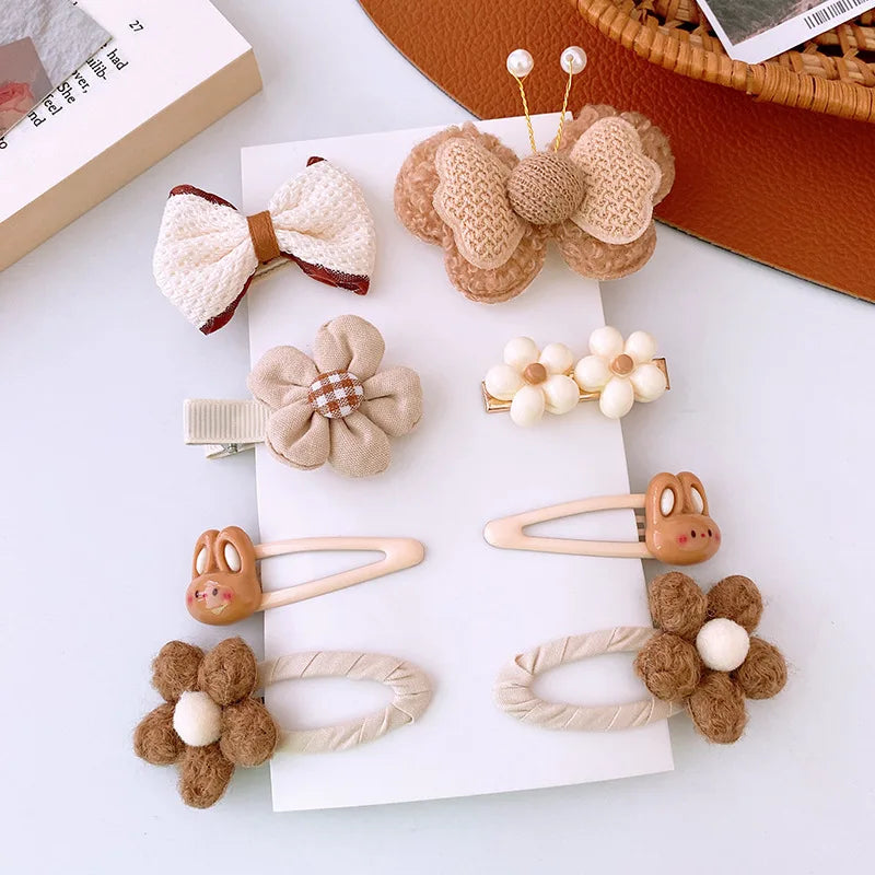 8pcs/set Sweet Girl Hair Clip Cartoon Bear Floral Bowknot Hair Pin for Toddler Girls Lovely Beige Coffee Color Kid baby Headwear - Clikcy