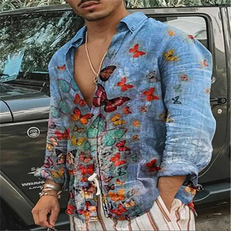 2023 Fashion Shirt Lapel Casual Men's Graffiti Ink Painting Flower Butterfly Outdoor Retro High Quality Material Top Plus Size - Clikcy