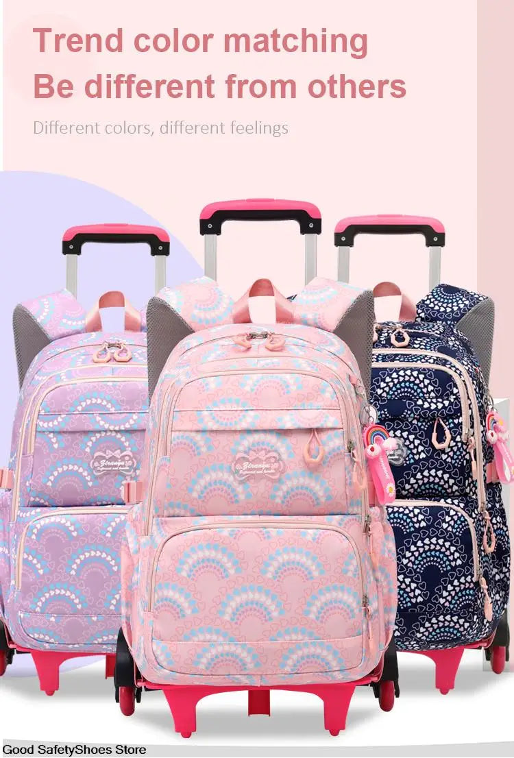 Rolling School Bags for Girls Backpack Children Waterproof School Backpacks with Wheels Middle School Trolley Luggage Back Pack - Clikcy