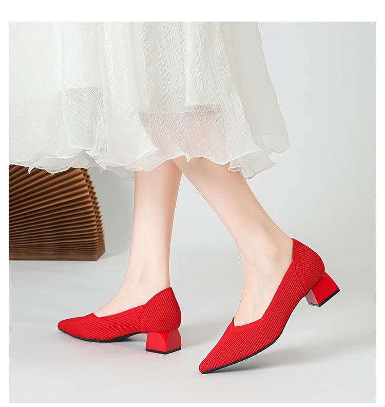 Women's large high-heeled shoes Multicolor pointy knit breathable comfortable anti-skid rubber sole work shoes 2023 new autumn - Clikcy