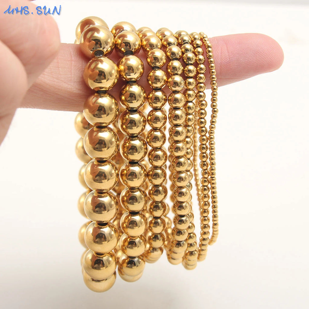 MHS.SUN Trend Stretch Stainless Steel Bracelets Gold Sliver Color 2MM 5MM 8MM Stacked Ball Beaded Bracelet For Women Men Jewelry - Clikcy