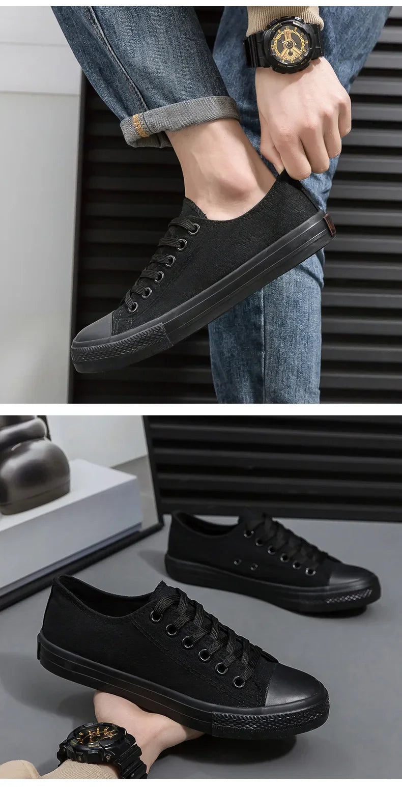Men's All-Black Low-Top Canvas Shoes Spring Casual Sports Flat Bottom Couple's Sulfurization Flats Unisex Slip-On Sneakers