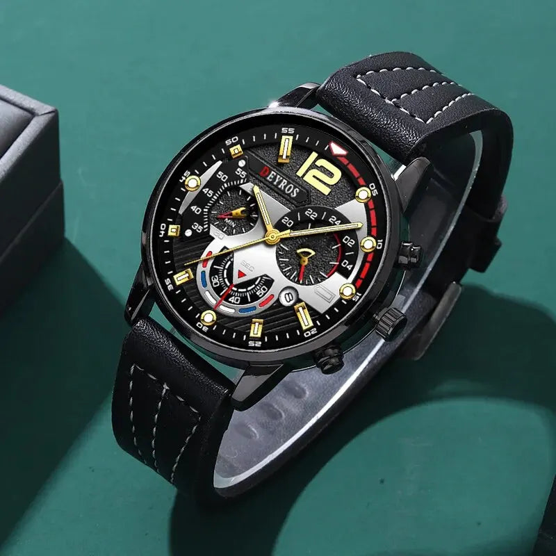 3PCS Set Fashion Mens Watches Luxury Black Leather Quartz Wristwatch Calendar Date Men Business Casual Watch Bracelet Necklace - Clikcy