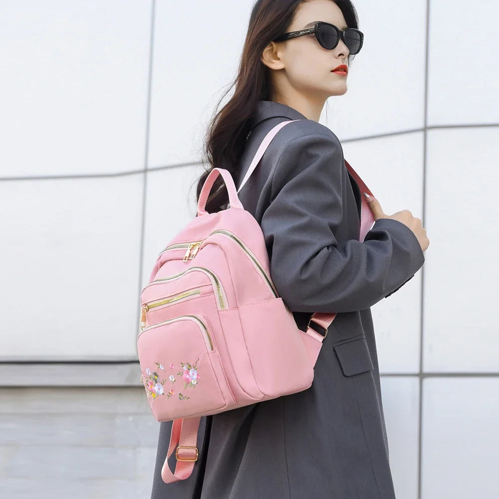 Fashion Nylon Backpack For Women Embroidery Design Student School Bag Leisure Travel Rucksack Popular Girl Commuting Sac A Dos - Clikcy