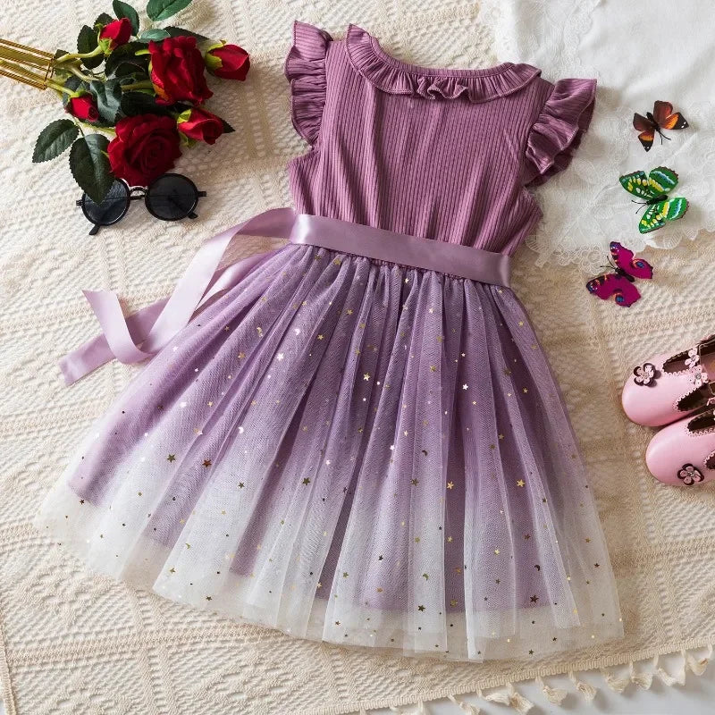 New Children's Dress for 3-8 Yrs Summer Dress Lotus Leaf Edge Design Bow Lace Up Star Sequin Sweet  Tulle Kids Dresses for Girls - Clikcy