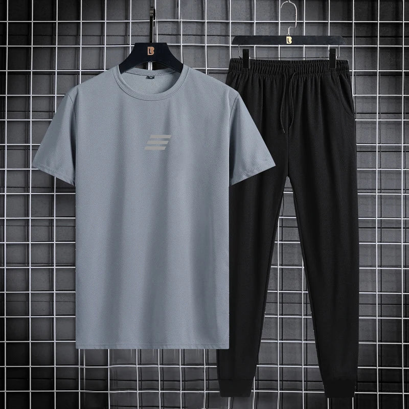 Spring/Summer Set Two Piece Slim Fit Short Sleeve Long Pants Set Casual Fashion Minimalist Sports Set - Clikcy