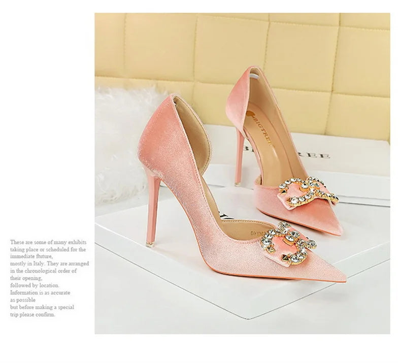 Fashion Women High Heel Rhinestone Buckle Bow Green Pink Pointed Toe Party Pumps Velvet Luxury Elegant Wedding Evening Shoes - Clikcy