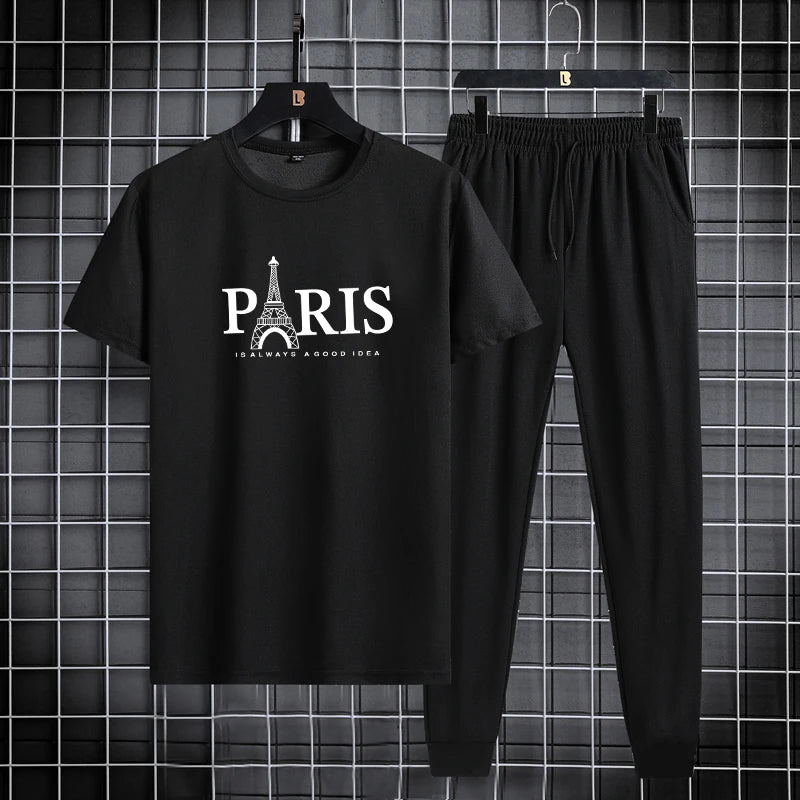 Summer new men's round neck quick drying casual sports fitness breathable short sleeved+shorts set two-piece set - Clikcy