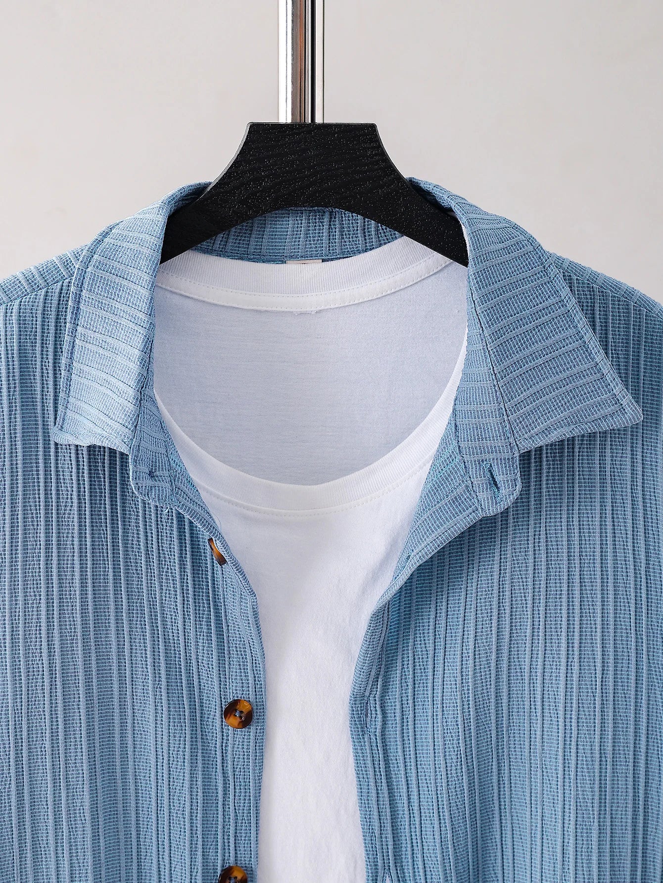 New adult summer open chest button short sleeved+loose shorts casual outfit - Clikcy