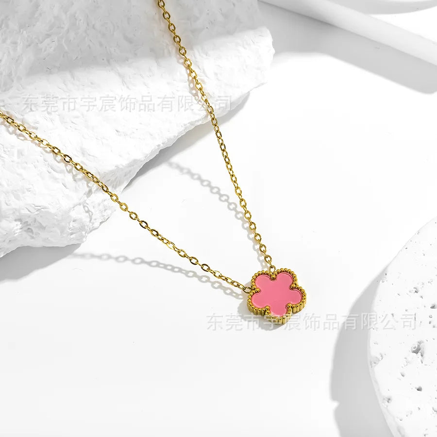 Black Lucky Five Petal Four Leaf Flower Stainless Steel Necklace Gold Plated Clover Jewelry Women Party Wedding Accessories - Clikcy