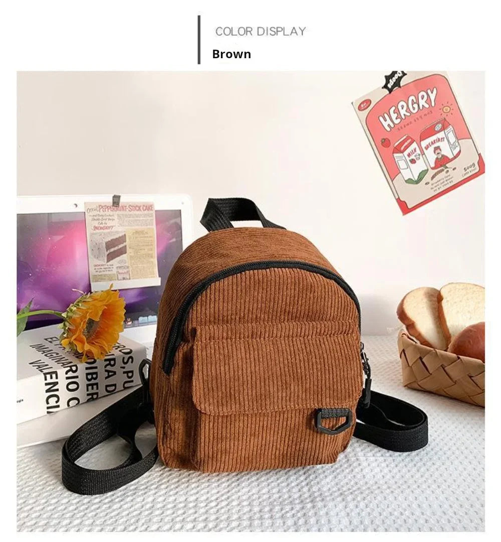 Women's Mini Backpack Fashion Solid Color Corduroy Small Simple Casual Traveling Large Capacity Durable Female's Schoolbag - Clikcy