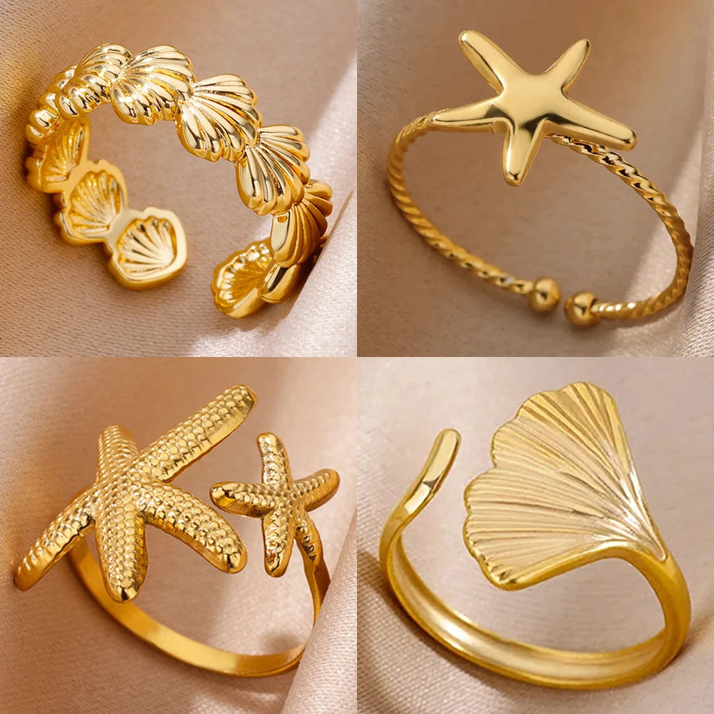 Ocean Starfish Shell Open Rings For Women Gold Color Stainless Steel Ring Summer Beach Aesthetic Waterproof Jewelry Gift - Clikcy