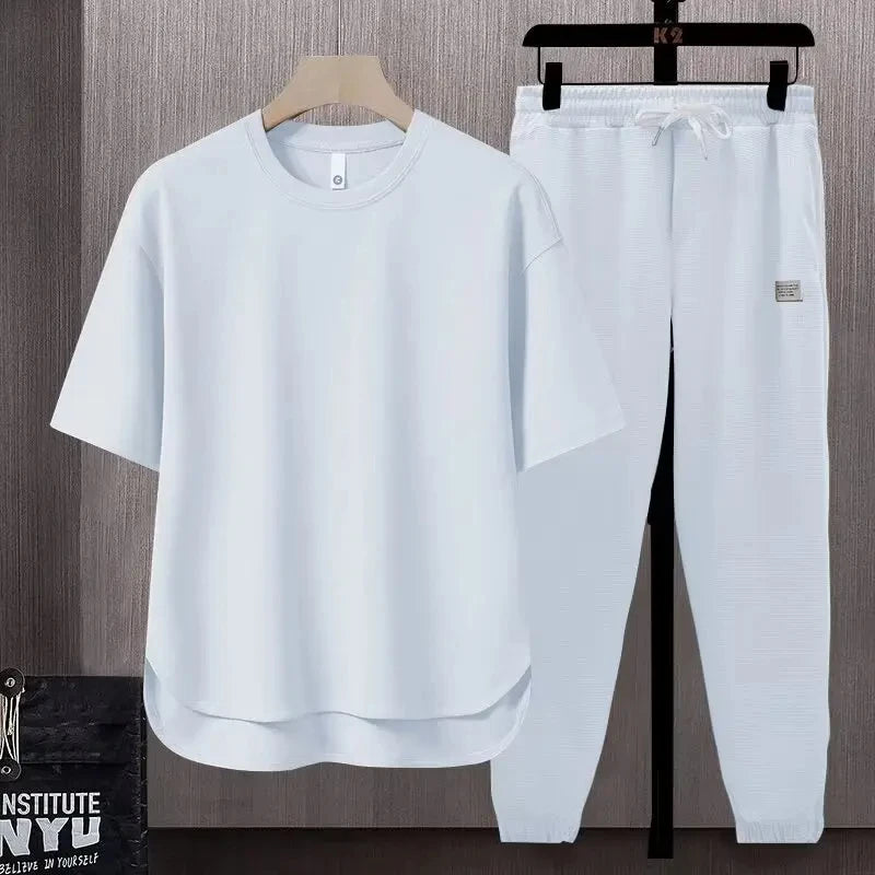 Men's Two-piece Breathable T-shirt Suit Round Hem Short-sleeved Trousers Loose Suit Monochrome Summer Trend - Clikcy