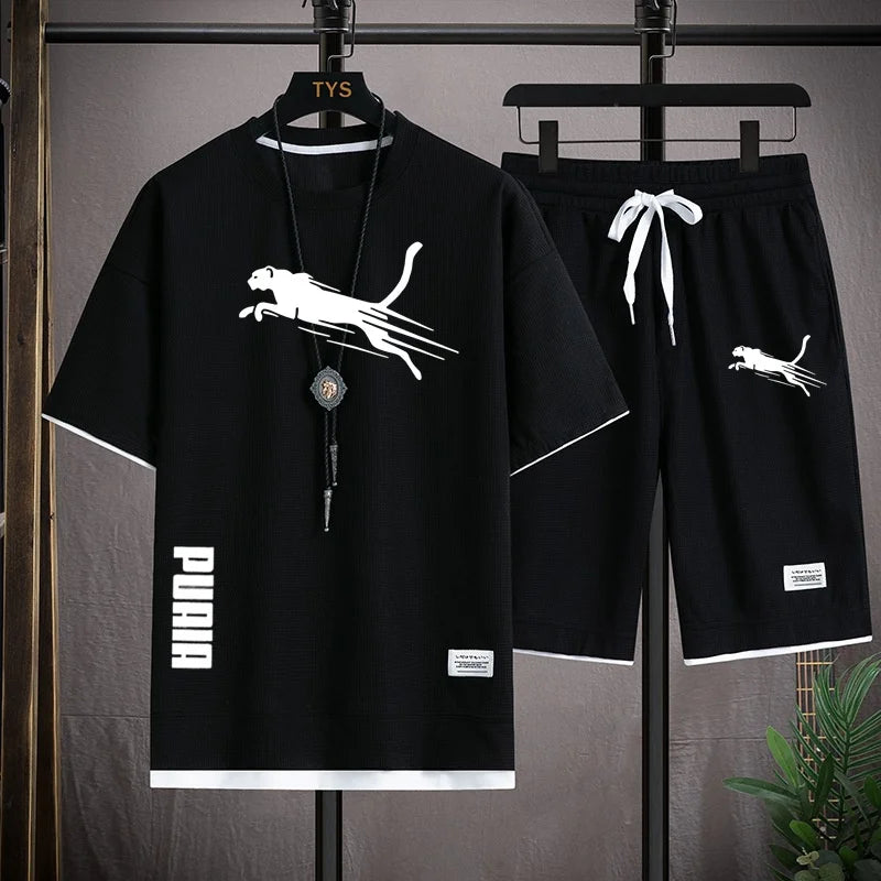 summer new men's sportswear fitness set running suit casual T-shirt+shorts set breathable jogging sportswear 2-piece set for men - Clikcy