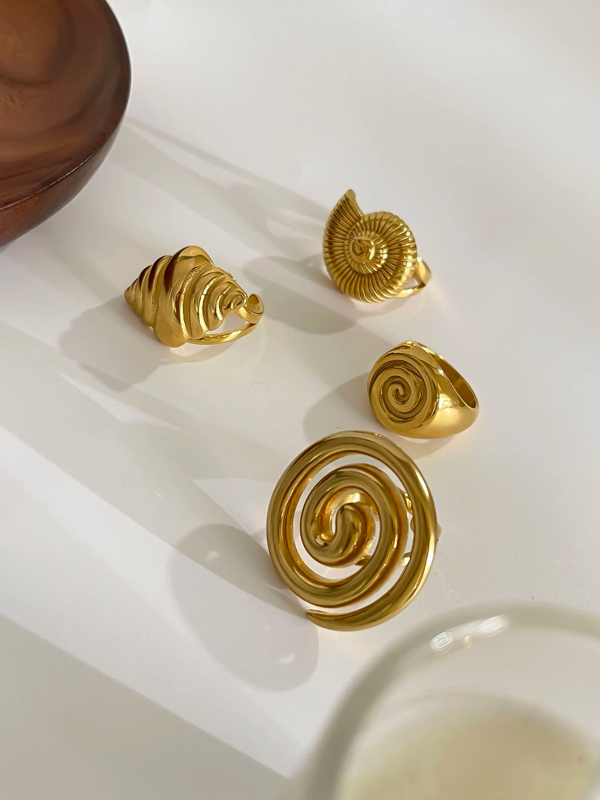 Peri'sbox Stainless Steel Conch Croissant Glossy Spiral Hollow Chunky Open Rings for Women Summer Beach Fashion Holiday Jewelry - Clikcy