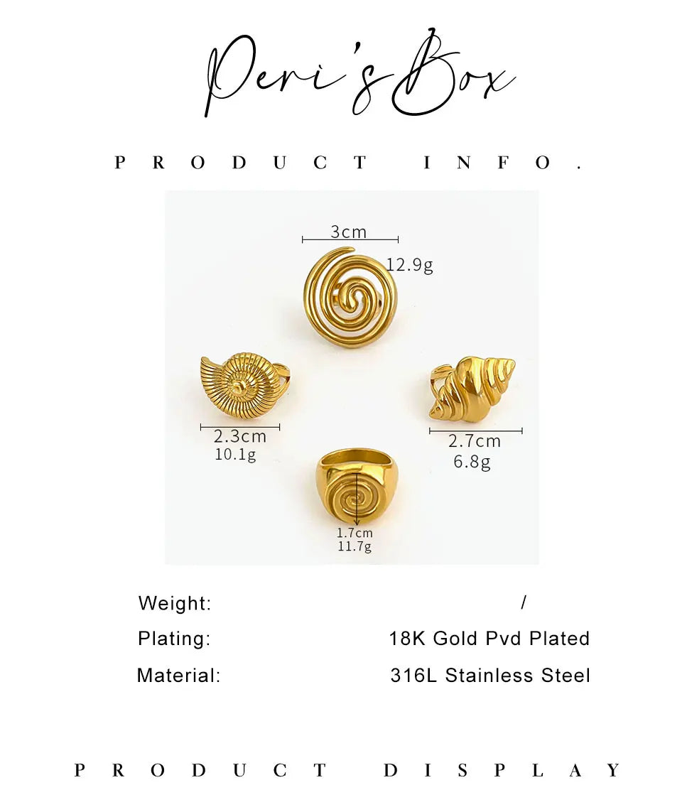 Peri'sbox Stainless Steel Conch Croissant Glossy Spiral Hollow Chunky Open Rings for Women Summer Beach Fashion Holiday Jewelry - Clikcy