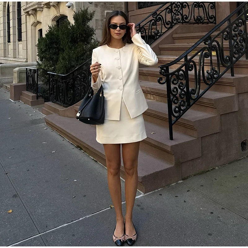 Urban Solid Blazer Skirt Set Women Slim O-neck Single Breasted Jacket Mini A-line Skirt 2025 Spring Elegant Lady Office Outfit - Clikcy