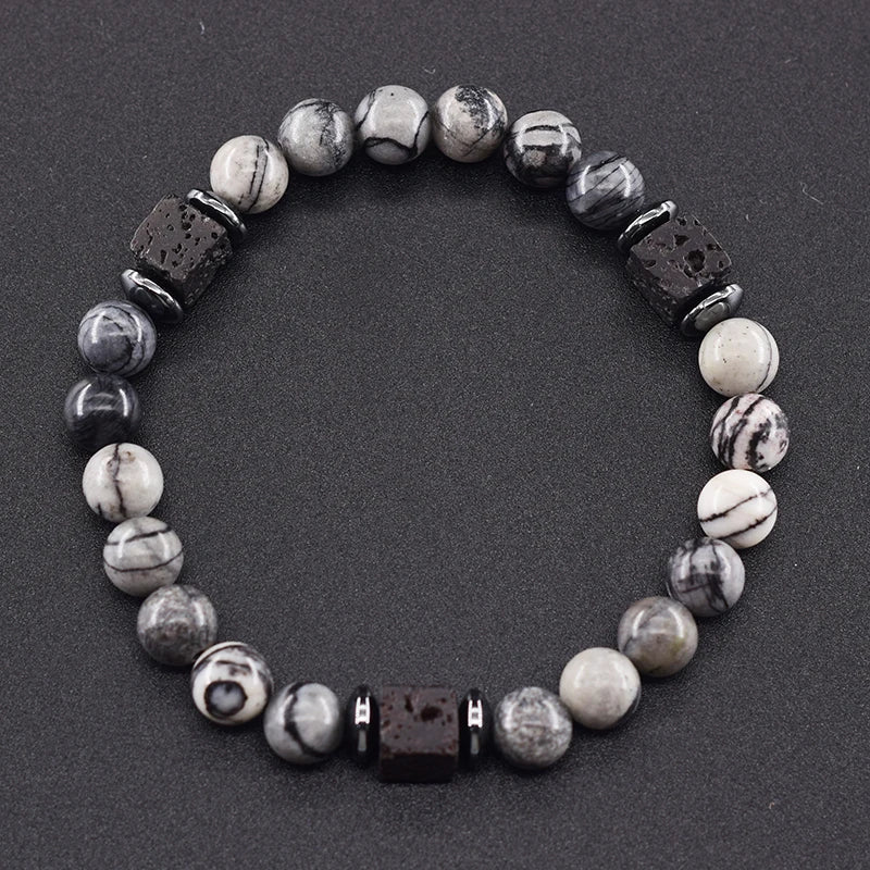 New Fashion Natural Stone Bracelet Men 8mm Onyx Lava Obsidian Strand Braclet Healing Beaded Bracelet Leisure Pulsera Accessories - Clikcy