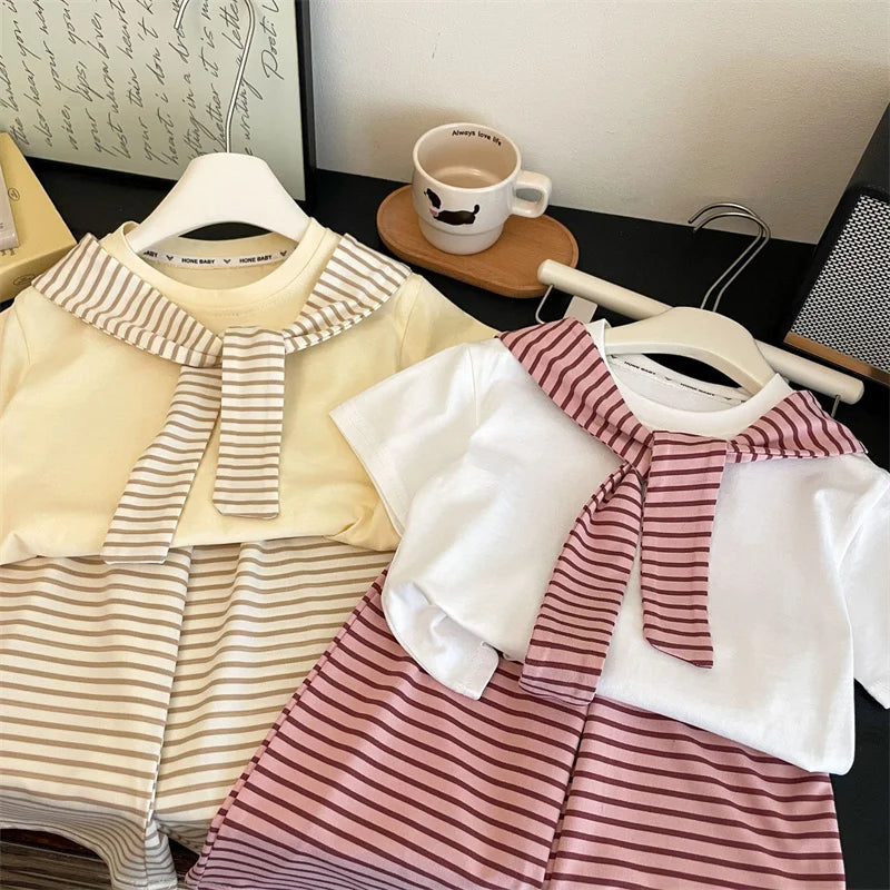 Girls Suit Summer Short-sleeved T-shirt With Stripes Shawls+Pants 2Pcs Outfits Kids Casual Clothes Children's Fashion Sets 1-12Y - Clikcy