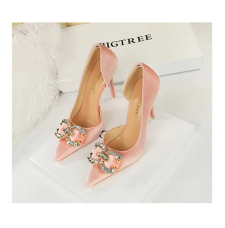 Fashion Women High Heel Rhinestone Buckle Bow Green Pink Pointed Toe Party Pumps Velvet Luxury Elegant Wedding Evening Shoes - Clikcy