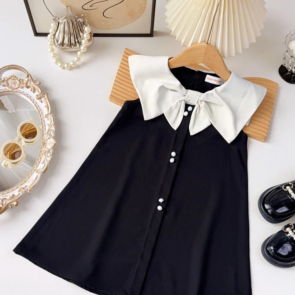 Korean Version Black Sleeveless Kids Clothes Summer New Bow Decoration Girls Dress Birthday Party Princess Dresses 2-7 Years Old - Clikcy