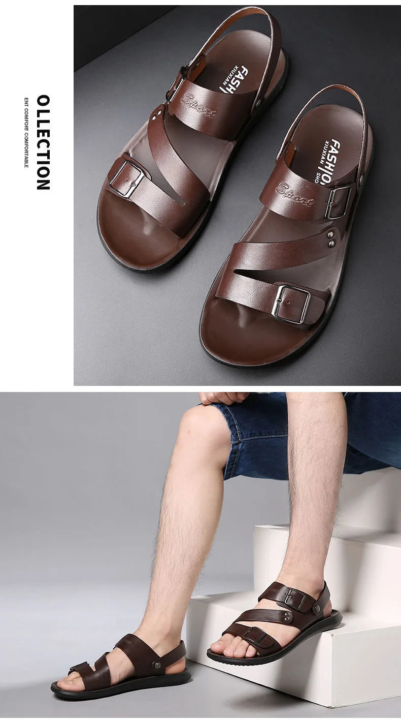 Simple Men's Sandals Solid Color PU Leather Men's Summer Shoes Casual Comfortable Open Toe Sandals Soft Beach Shoes Men's Sandal - Clikcy