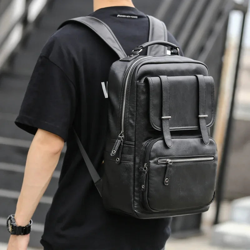 Simple Fashion Men's Backpack Soft Pu Leather Backpack Men Large Capacity 14inch Laptop Bag Students Schoolbags Travel Back Pack - Clikcy
