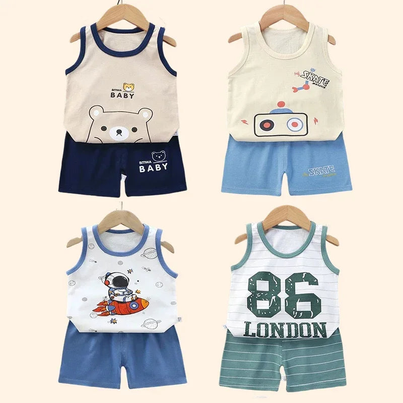 Children Sets Kids Clothes Boys Girls Vest Suit  Summer Children's Clothing baby Cotton T-Shirts Shorts Tank Top Sleeveless - Clikcy