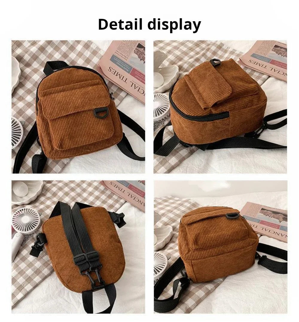 Women's Mini Backpack Fashion Solid Color Corduroy Small Simple Casual Traveling Large Capacity Durable Female's Schoolbag - Clikcy