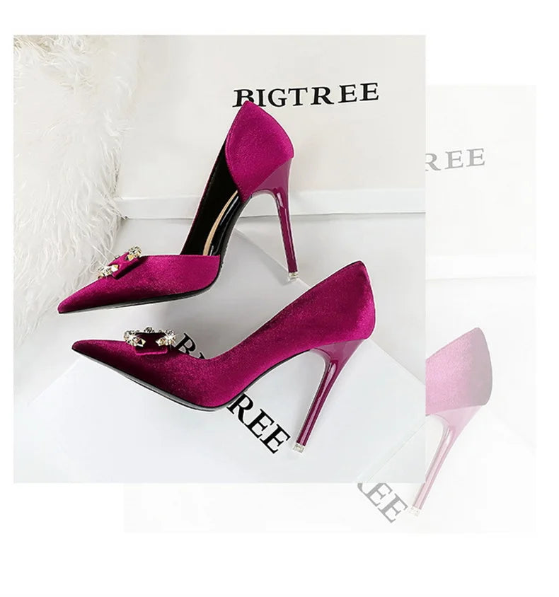 Fashion Women High Heel Rhinestone Buckle Bow Green Pink Pointed Toe Party Pumps Velvet Luxury Elegant Wedding Evening Shoes - Clikcy