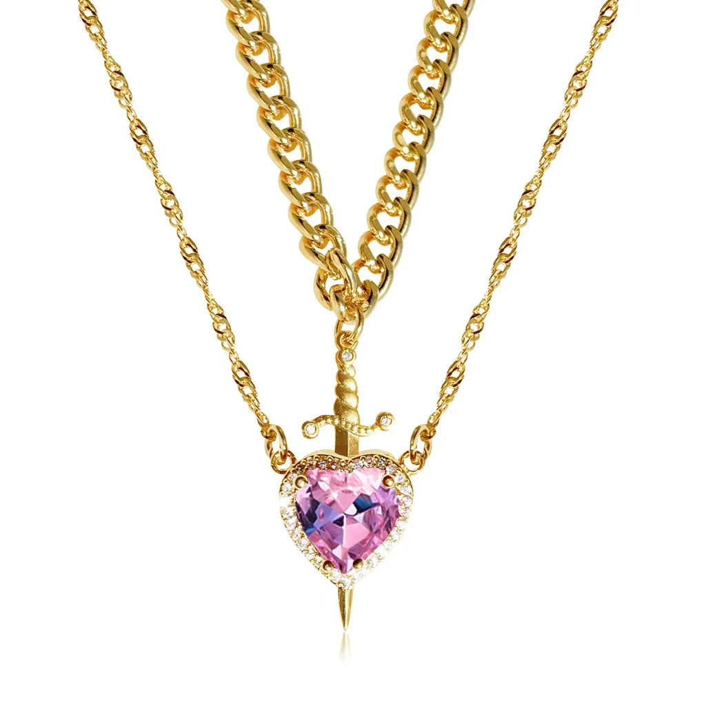 LATS 2pcs Can Be Assembled Heart and Sword Zircon Pendant Necklace for Women Men Couple Silver Gold Plated Choker Chain Jewelry - Clikcy
