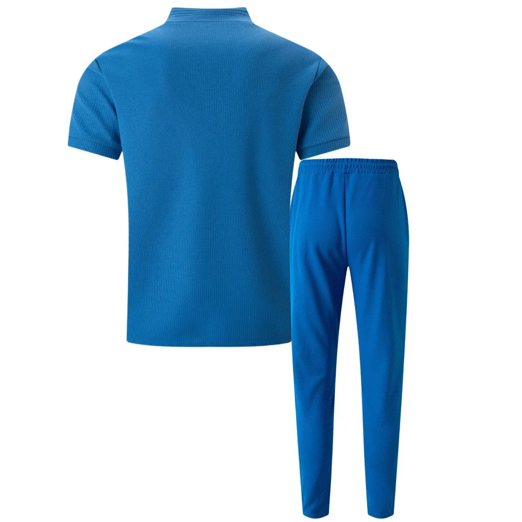 2025 Men's new waffle collar small zipper solid color polo shirt top men's T-shirt short sleeve trousers two sets - Clikcy