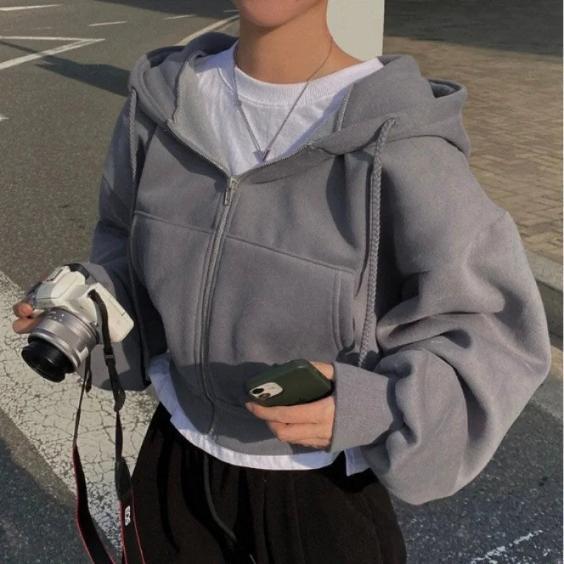 2024 Spring Autumn New Insfleece-lined Versatile Cropped Slims Smooths Silhouette Zip-up Warm Navy Blue Hooded Sweatshirt Women - Clikcy