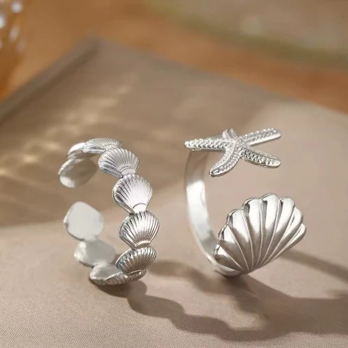 MHS.SUN Ocean Style Stainless Steel Starfish Shell Rings For Women Girl Vintage Gold Plated Open Ring Summer Beach Jewelry