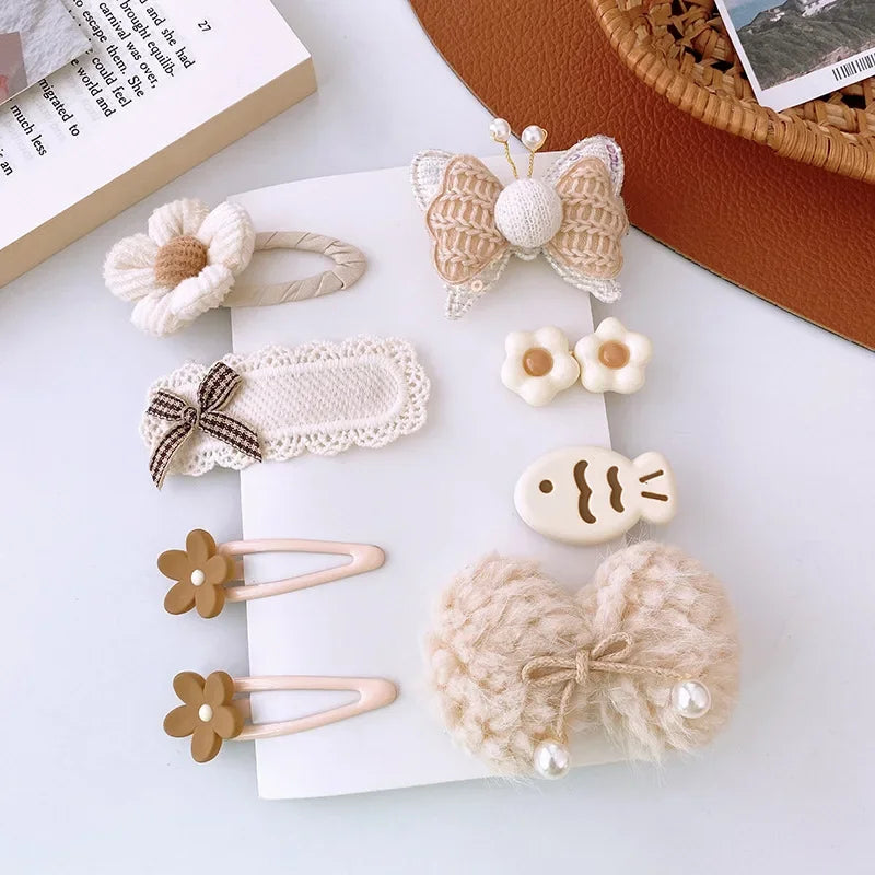 8pcs/set Sweet Girl Hair Clip Cartoon Bear Floral Bowknot Hair Pin for Toddler Girls Lovely Beige Coffee Color Kid baby Headwear - Clikcy
