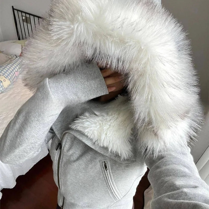 American Fashion Trend New Gray Padded Hooded Sweater Coat Female Y2K Harajuku Vintage Popular Casual Joker Zipper Cardigan - Clikcy