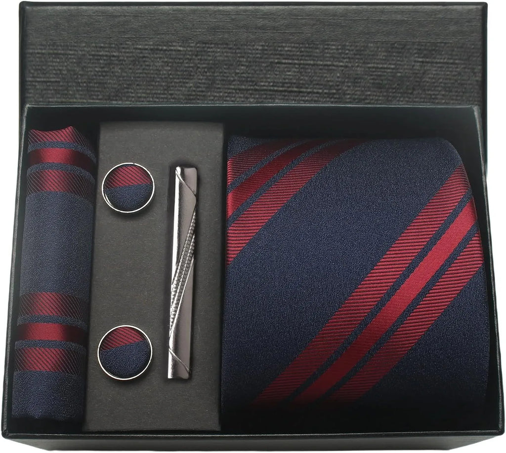Classic 100% Silk Men's Ties In Gift box 8cm Plaid Dot Striped Business Necktie Handkerchief Cufflinks Wedding Party Tie Set