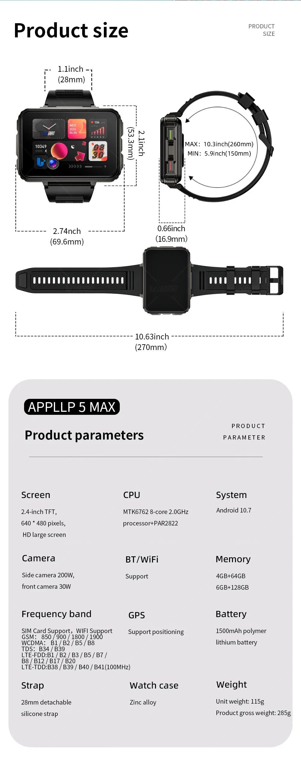 LOKMAT APPLLP 5 MAX Android Watch Phone Square Big Screen Wifi 4G Calls Smartwatches Dual Camera with Flashlight Gaming Watch