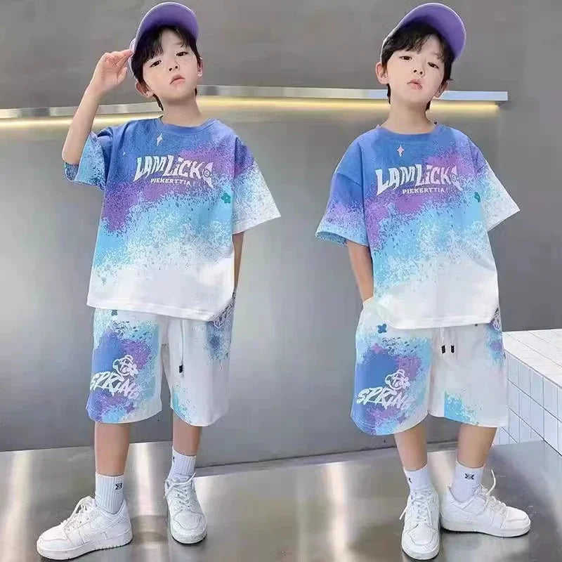 Boys Clothes Sets Teenager Summer Short-sleeved Suit New children's Gradient T-shirt+shorts 2Pcs Outfits Kids Casual Sports Set - Clikcy