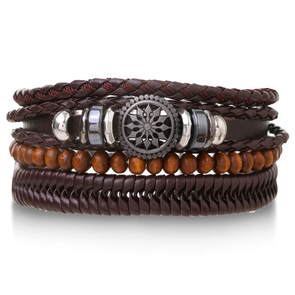 4Pcs/ Set Braided Wrap Leather Bracelets for Men Vintage Life Tree Rudder Charm Wood Beads Ethnic Tribal Wristband Rope Bracelet - Clikcy