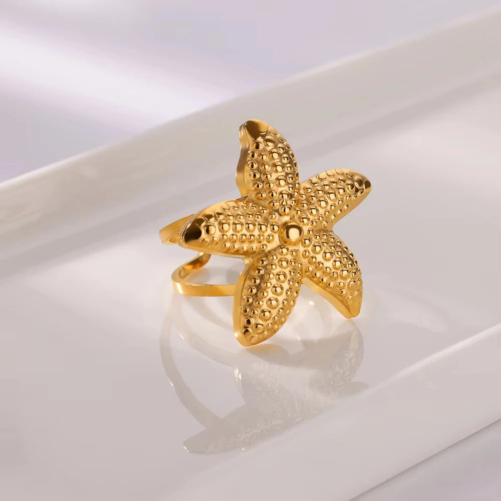 Ocean Starfish Shell Open Rings For Women Gold Color Stainless Steel Ring Summer Beach Aesthetic Waterproof Jewelry Gift - Clikcy