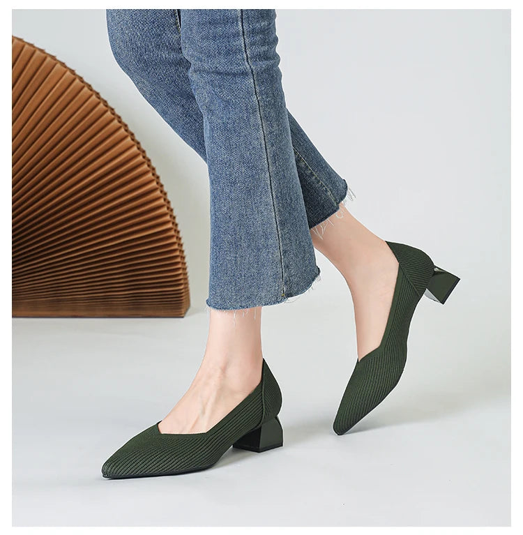 Women's large high-heeled shoes Multicolor pointy knit breathable comfortable anti-skid rubber sole work shoes 2023 new autumn - Clikcy