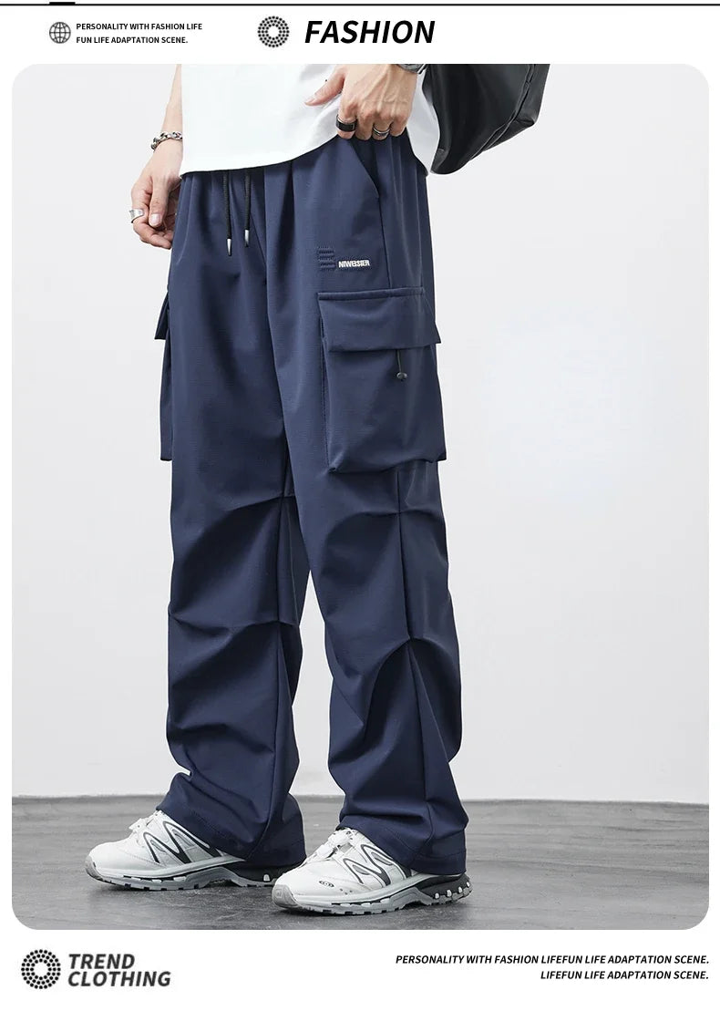 New Plus Size 8XL Men Casual Straight Pants Trousers Ice Silk Fashion Hip Hop Sweatpants Outdoor Stand Pocket Cargo Pants Y2K - Clikcy